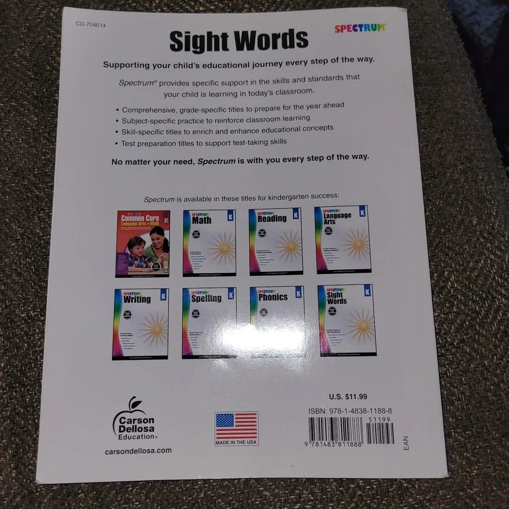 Spectrum Sight Words Grade‎ K Kindergarten Workbook Carson Dellosa Phonics...